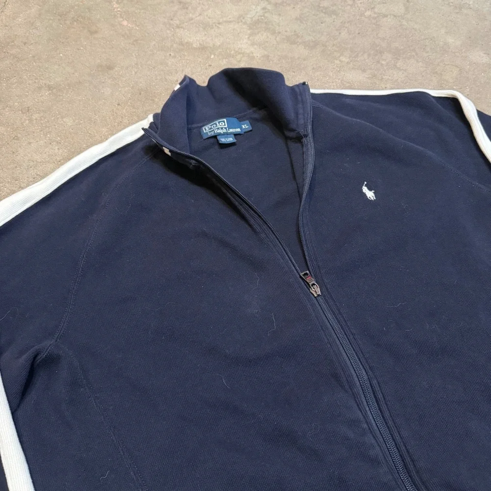 VTG Polo Ralph Lauren Track Jacket Men XL Navy Blue White Stripe Full Zip Cotton